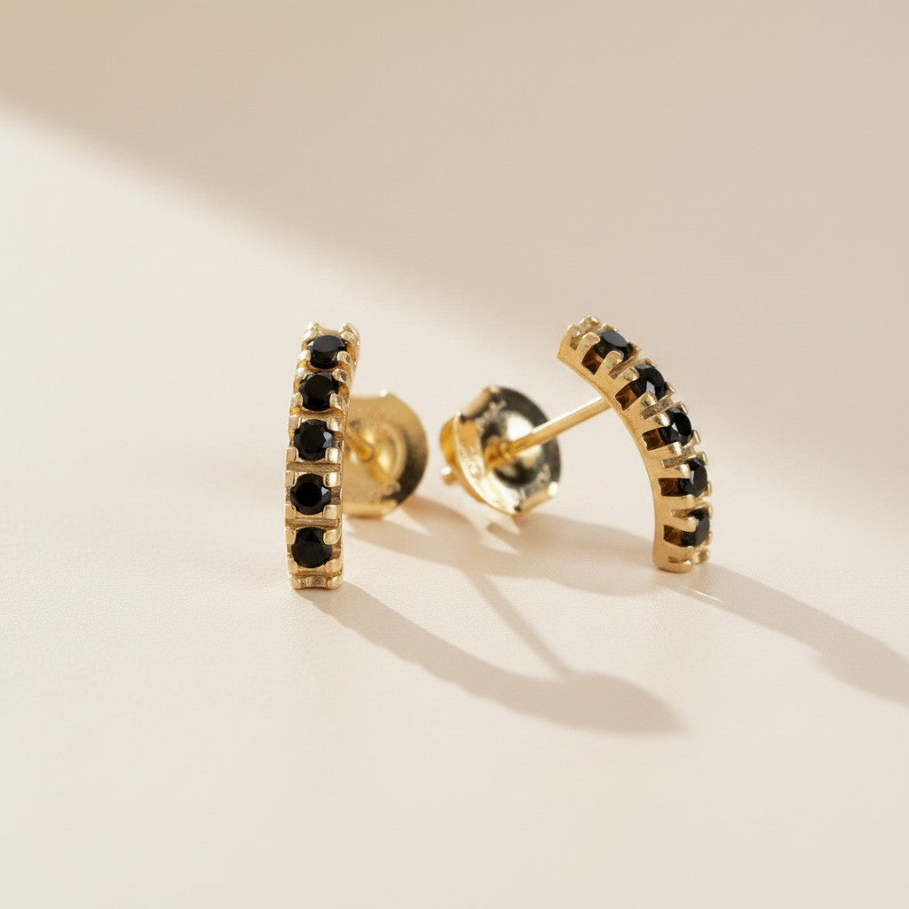 18k Gold Filled Curved Bar Black Crystal Stud Earrings