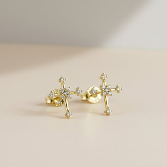18k Gold Filled CZ Cross Stud Earrings — Small in Size, Carried in Faith