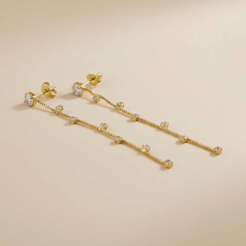 ✨ 18k Gold Filled CZ Stud Chain Drop Earrings — A Brilliant Start. A Celestial Fall.
