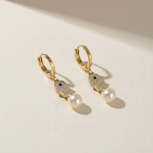 🪬 18k Gold Filled Hamsa Pearl Hoop Earrings — Protection, Elegance, a Little Something Sacred