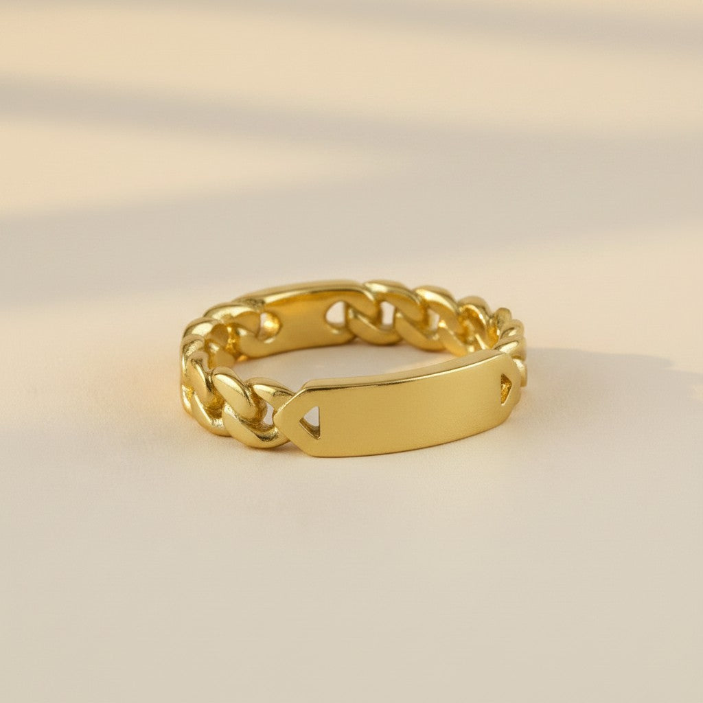 18k Gold Filled Curb Chain Plate Ring | Edgy Meets Refined
