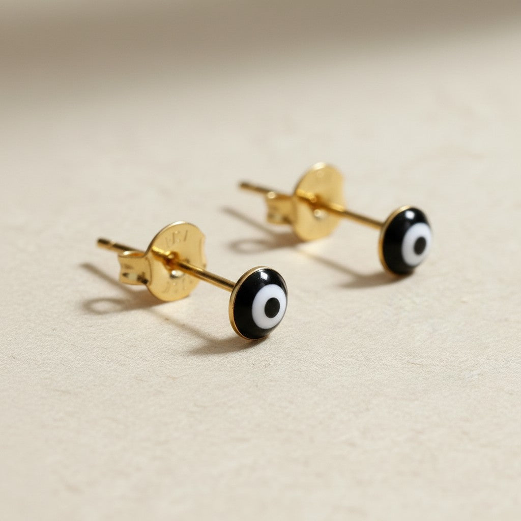 👁️ 18k Gold Filled Black Enamel Evil Eye Stud Earrings — The Protective Gaze. Tiny. Always Watching.