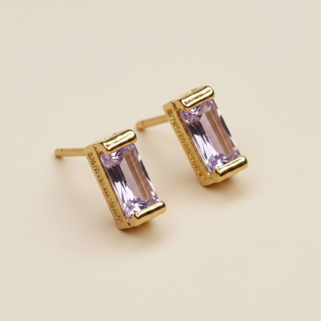18k Gold Filled Baguette Birthstone Stud Earrings | Personalized Birthday Gift