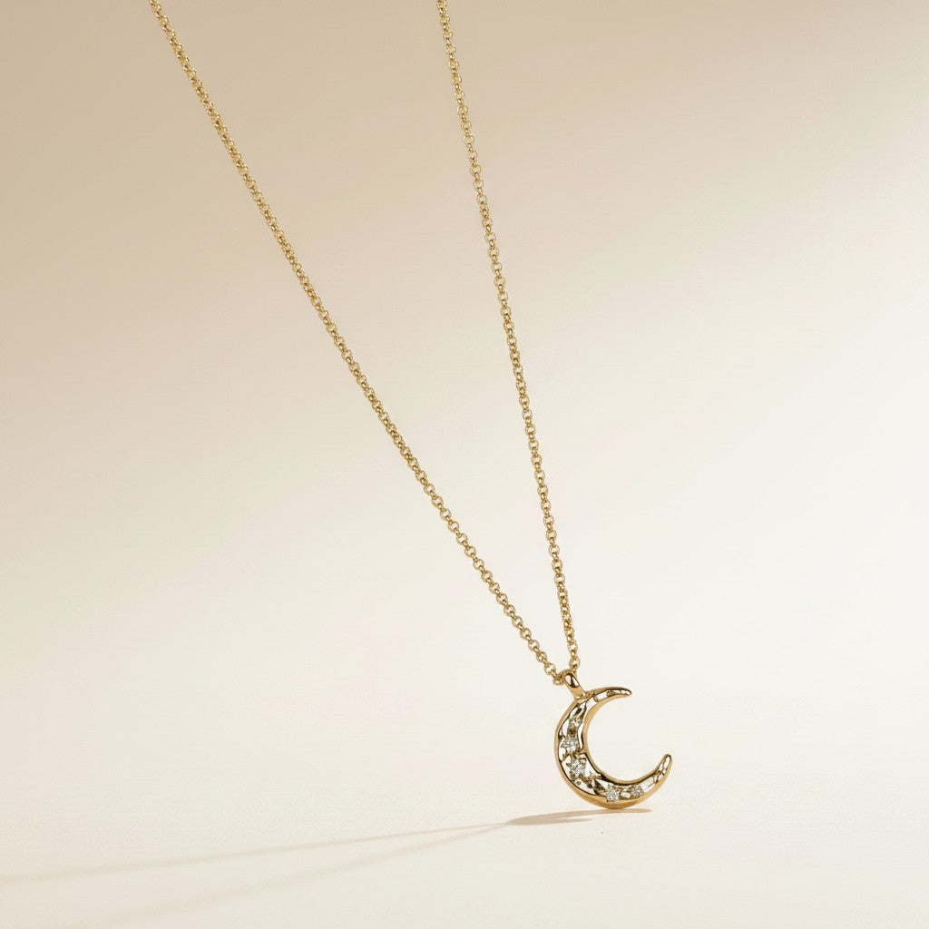 🌙 18k Gold Filled Hammered Crescent Moon CZ Necklace — Celestial Beauty, Textured in Gold.