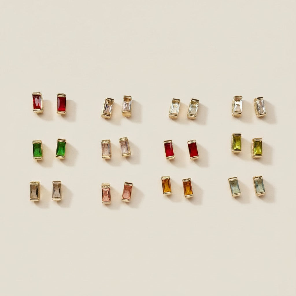18k Gold Filled Baguette Birthstone Stud Earrings | Personalized Birthday Gift