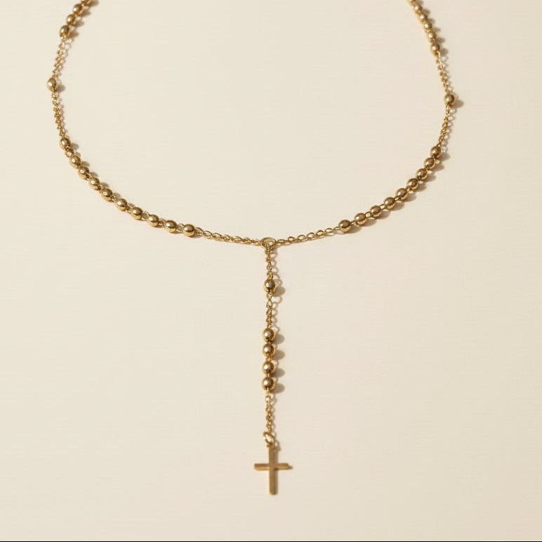 18k Gold Filled Simple Cross Rosary Necklace | Beaded Prayer Chain