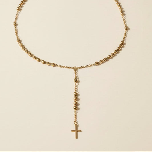 18k Gold Filled Simple Cross Rosary Necklace | Beaded Prayer Chain