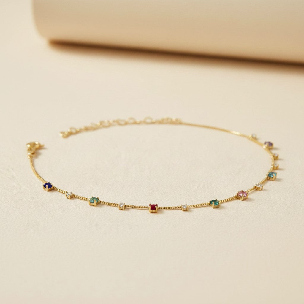 🌈 18k Gold Filled Multicolor CZ Box Chain Anklet — Color Set Into Every Link. The Most Joyful Ankle.