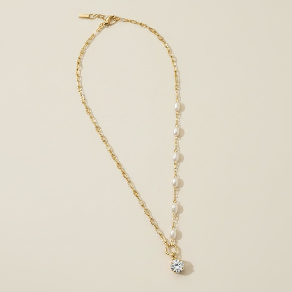 18k Gold Filled Pearl & CZ Mixed Necklace | Unique Layered Sparkle