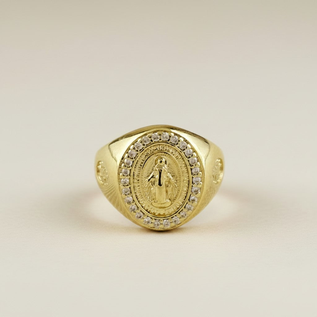 18k Gold Filled Our Lady of Grace CZ Signet Ring — Wear Her Protection. Every Day.