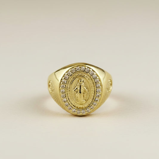 18k Gold Filled Our Lady of Grace CZ Signet Ring — Wear Her Protection. Every Day.