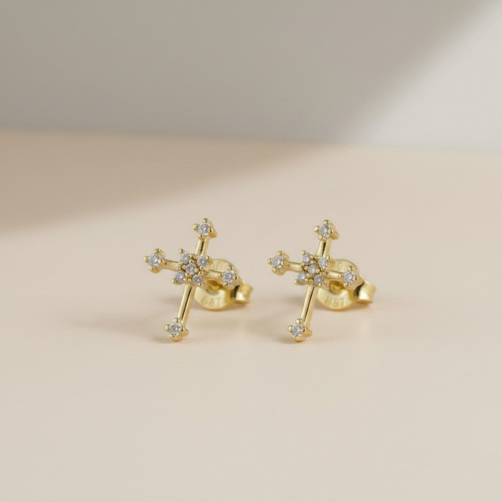 18k Gold Filled CZ Cross Stud Earrings — Small in Size, Carried in Faith
