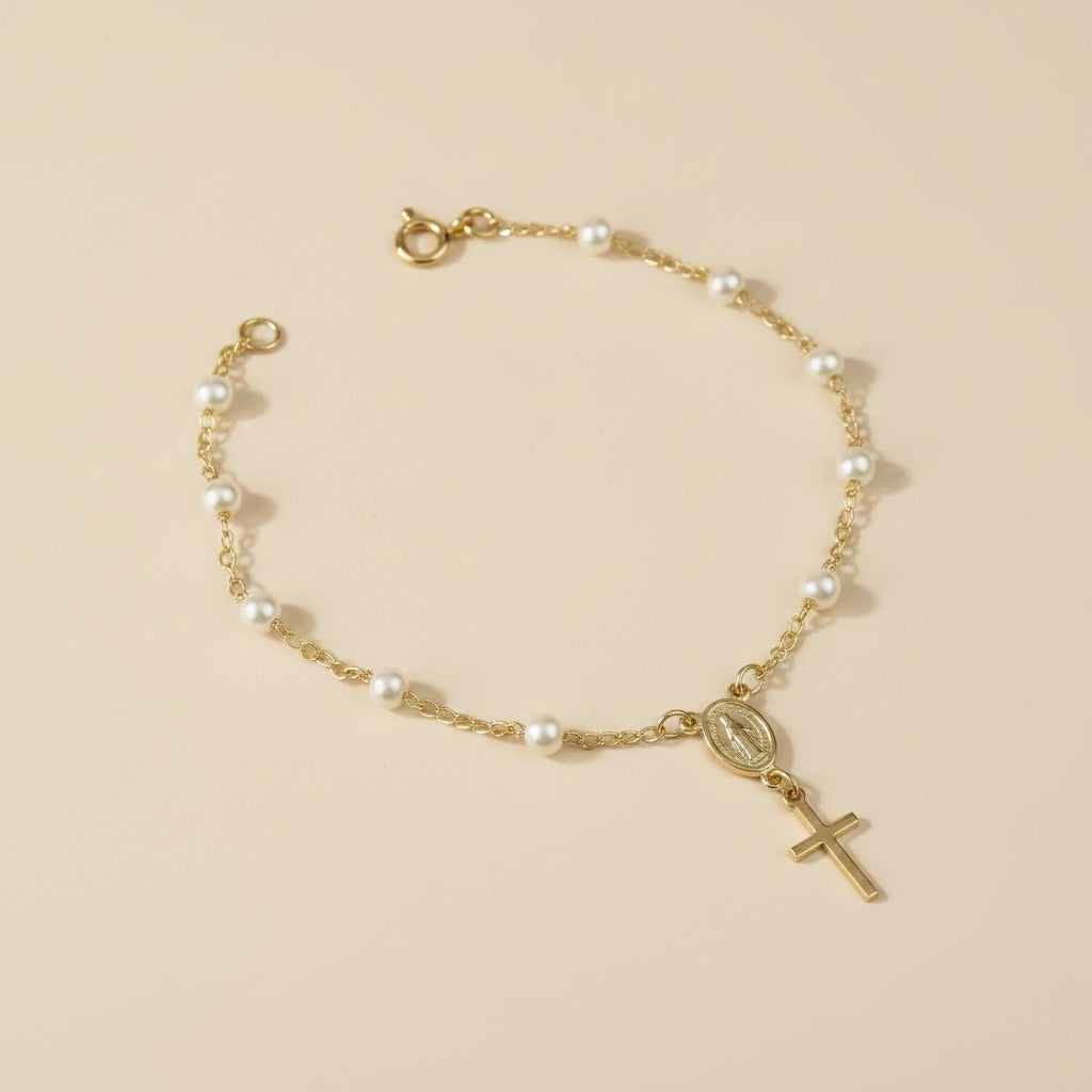 18k Gold Filled Pearl Rosary Bracelet — Faith at the Wrist. Worn One Bead at a Time.