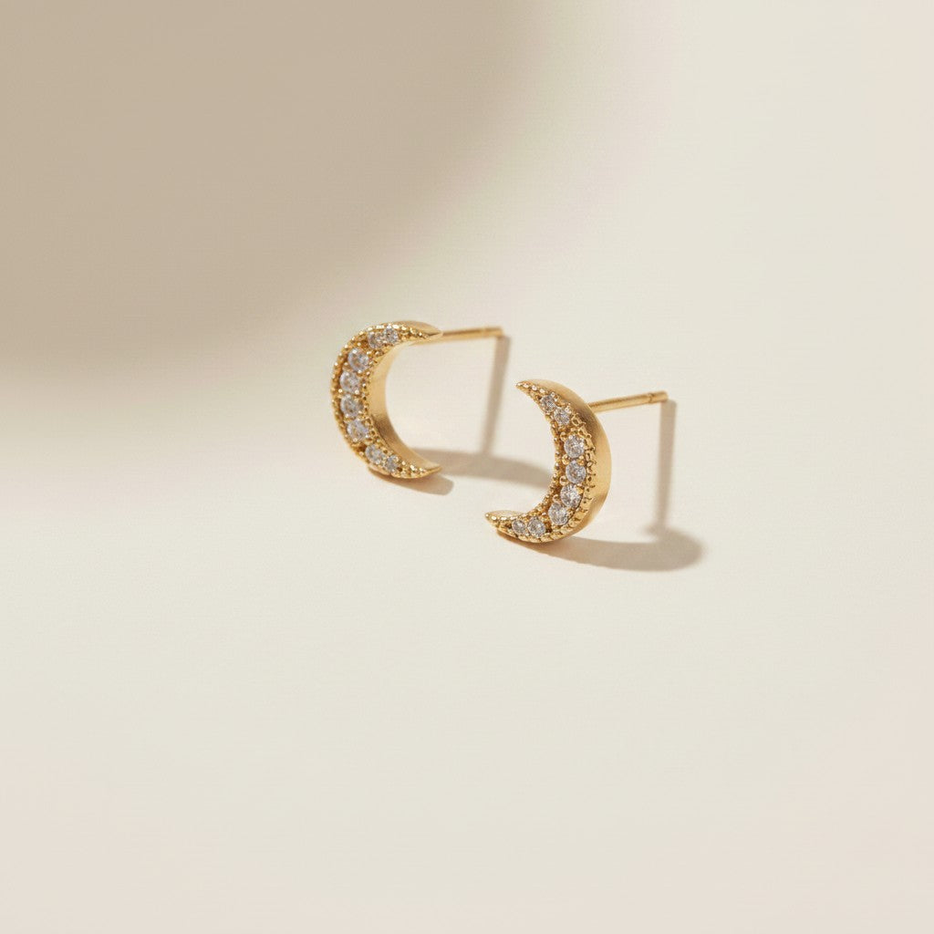 🌙 18k Gold Filled CZ Crescent Moon Stud Earrings — The Moon, Covered in Stars.