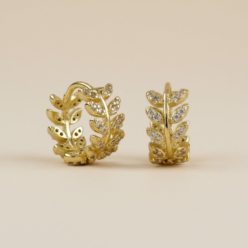 🌿 18k Gold Filled CZ Leaf Motif Clicker Hoop Earrings — Nature Patterned in Crystal. The Hoop Reimagined.
