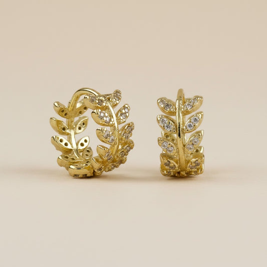 🌿 18k Gold Filled CZ Leaf Motif Clicker Hoop Earrings — Nature Patterned in Crystal. The Hoop Reimagined.