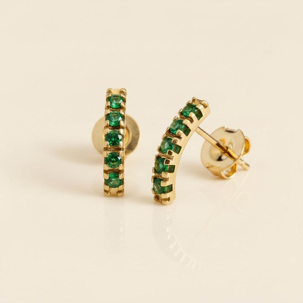 💚 18k Gold Filled Curved Bar Emerald Crystal Stud Earrings — Five Green Stones. One Graceful Curve.