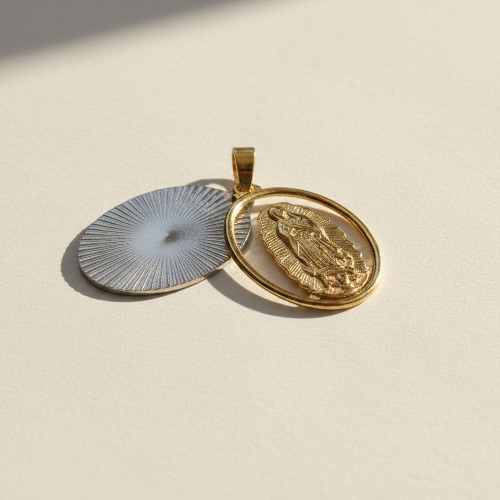 18k Gold Filled Hollowed Oval Lady of Guadalupe Pendant Featuring Rose Gold Detail, Stainless Steel Plate, Wholesale Jewelry Making Supplies