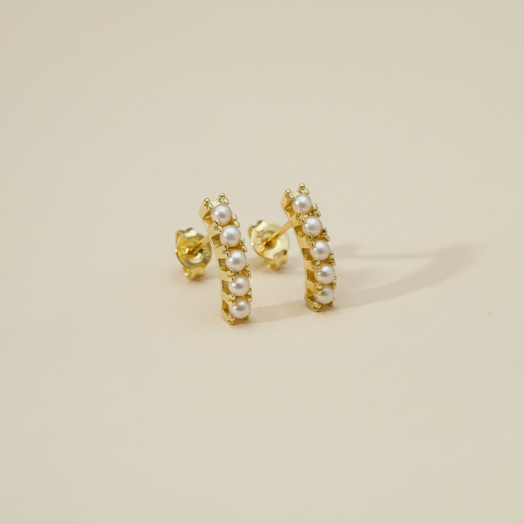 🤍 18k Gold Filled Pearl Row Curved Stud Earrings — A Line of Pearls. The Softest Statement