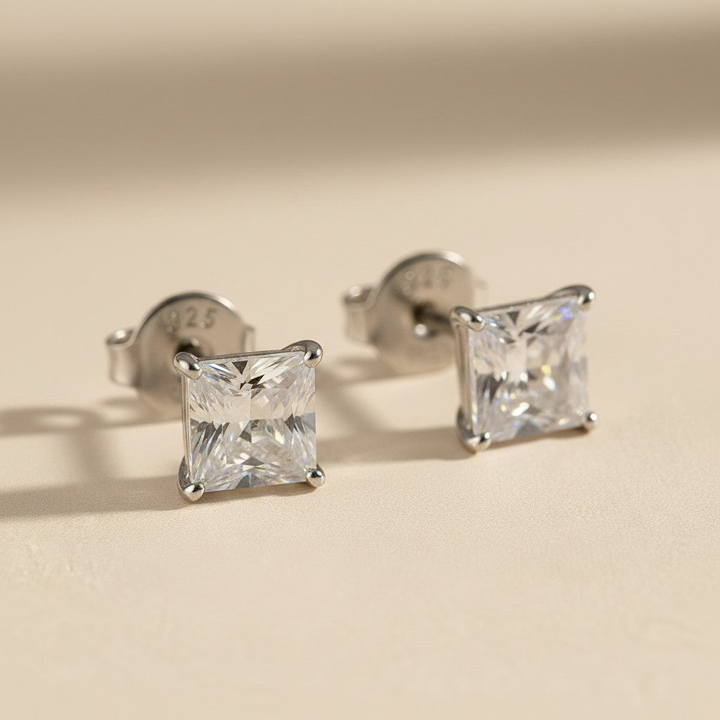 Princess Cut Moissanite Stud Earrings | .925 Sterling Silver, Rhodium Plated