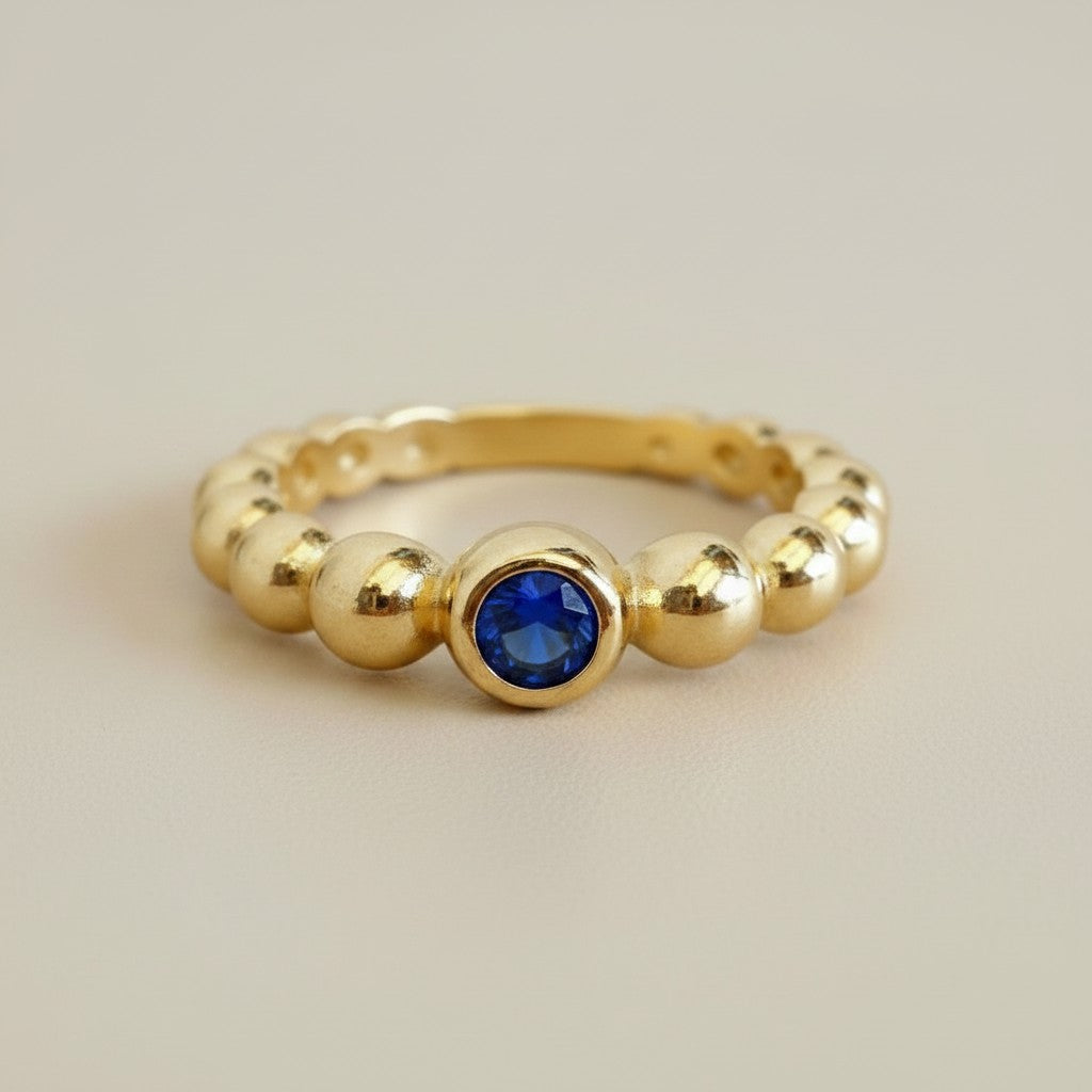 18k Gold Filled Beaded Blue CZ Bezel Ring | Avant-Garde Elegance