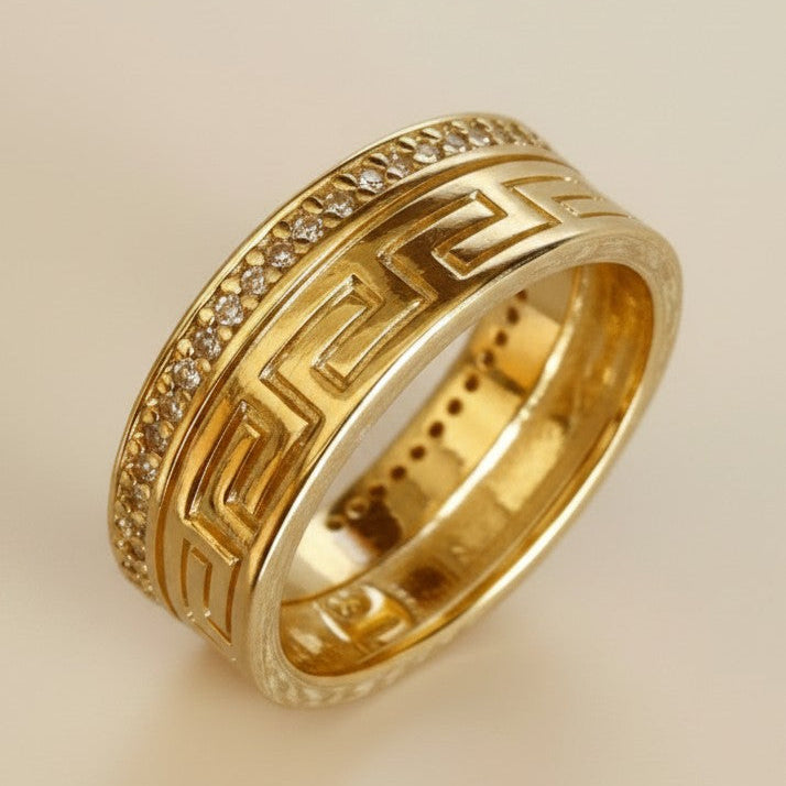 ✨ 18k Gold Filled Greek Pattern CZ Band Ring — Ancient Craft. Modern Finger. Timeless Beauty.