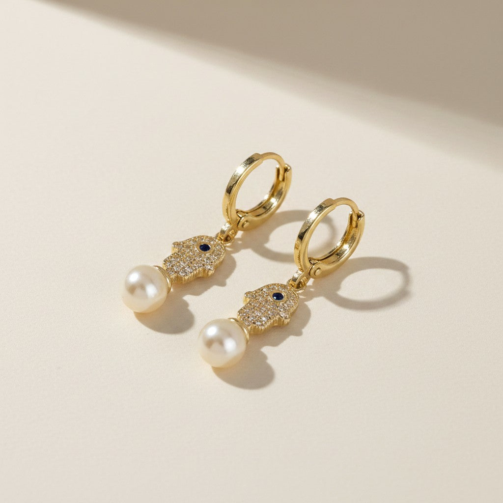 🪬 18k Gold Filled Hamsa Pearl Hoop Earrings — Protection, Elegance, a Little Something Sacred