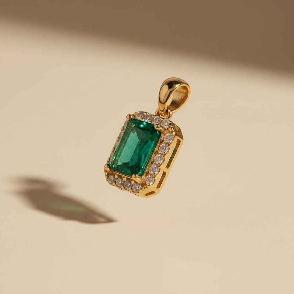 18k Gold Filled Emerald CZ Halo Pendant | Ethically Sourced Fire &amp; Brilliance