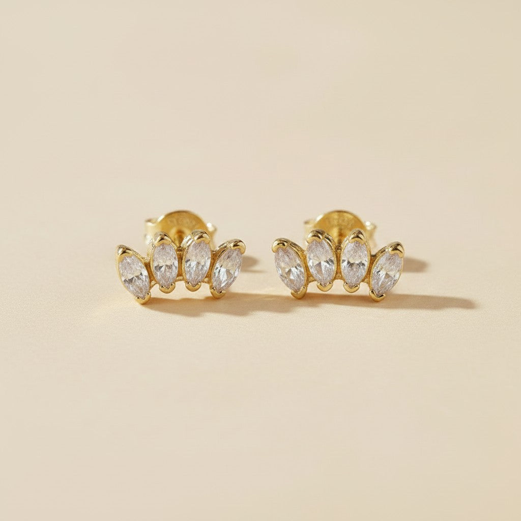 ✨ 18k Gold Filled CZ Curved Bar Stud Earrings — A Line That Curves. Stones That Follow It.