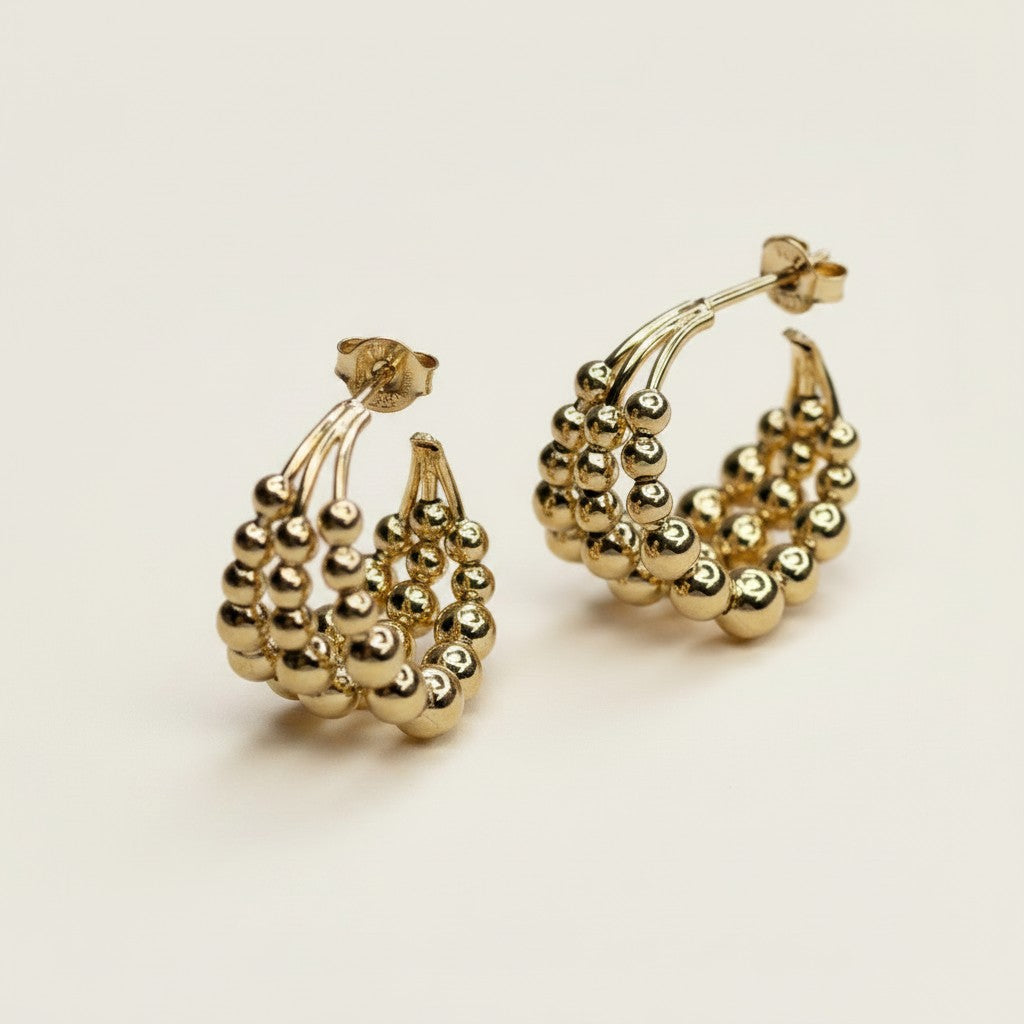 18k Gold Filled Triple Line Beaded C-Hoop Earrings | Bold & Sophisticated