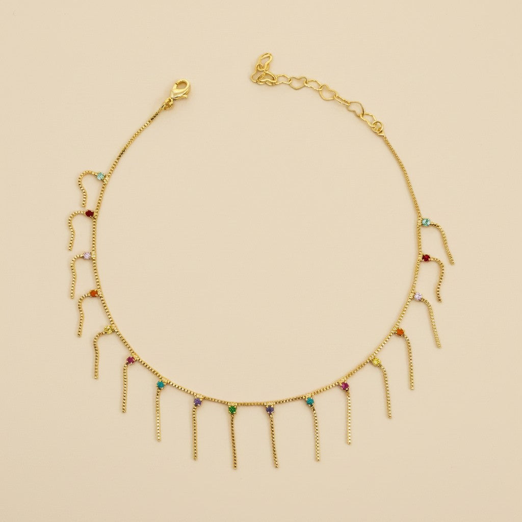 18k Gold Filled Fringed Box Chain Anklet | Colorful Micro Zirconia Detail