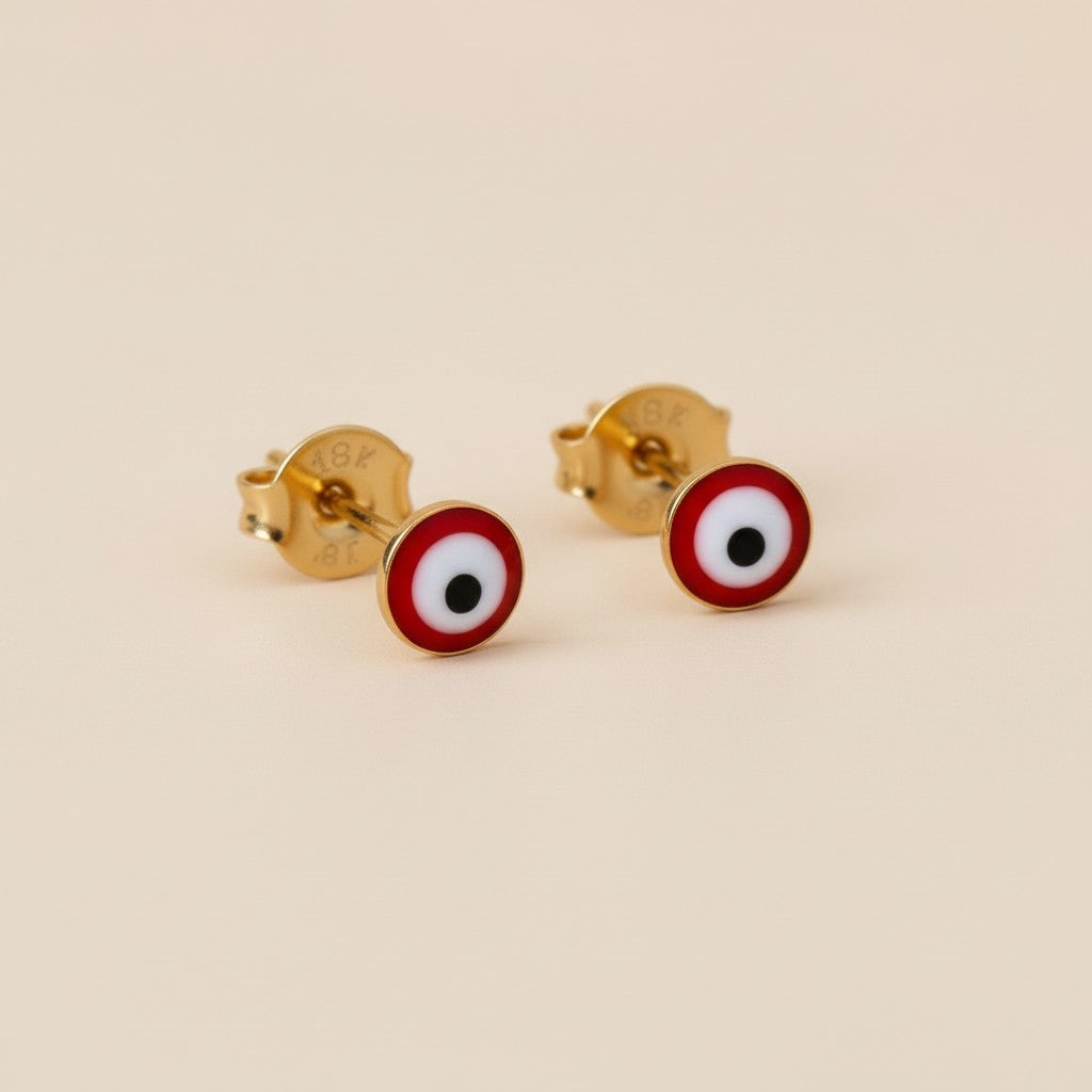 Evil Eye Stud Earrings - Tiny Red Enamel Protection Studs for Women