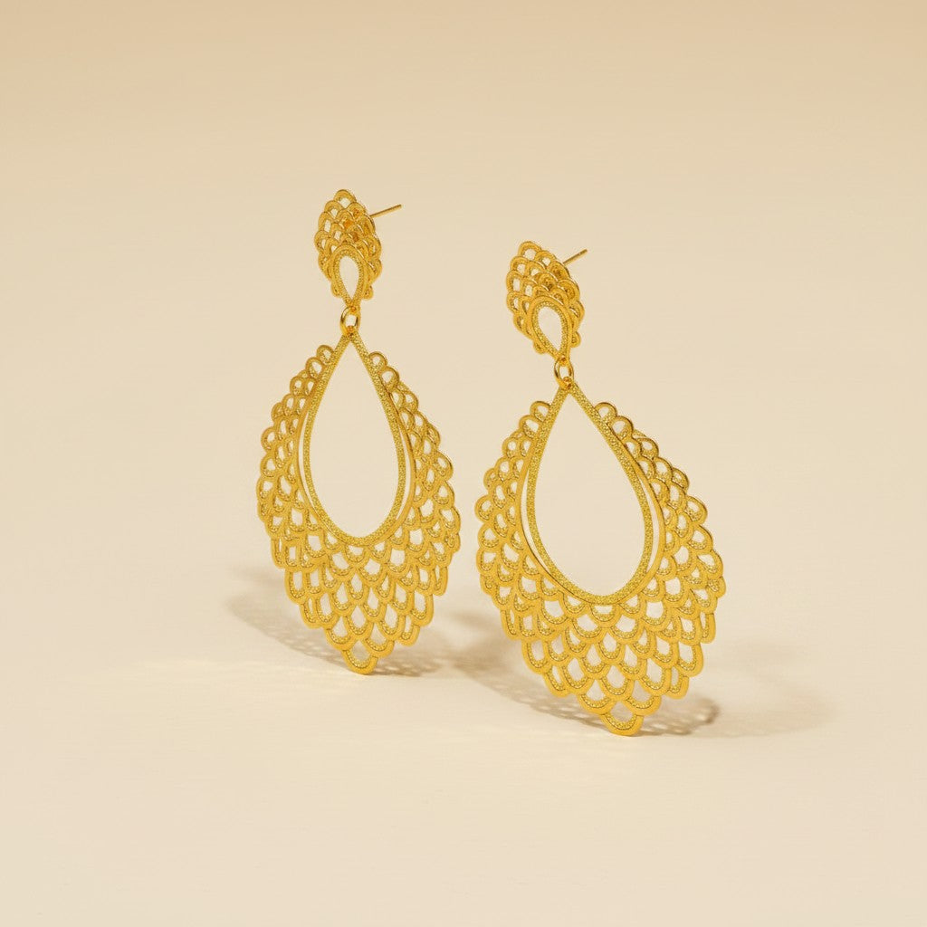 18k Gold Filled Abanico Renda Dangling Earrings | Spanish Fan-Inspired Lace