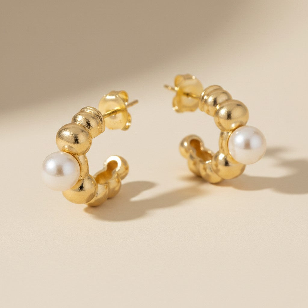 18k Gold Filled Beaded C-Hoop With Simulated Pearl