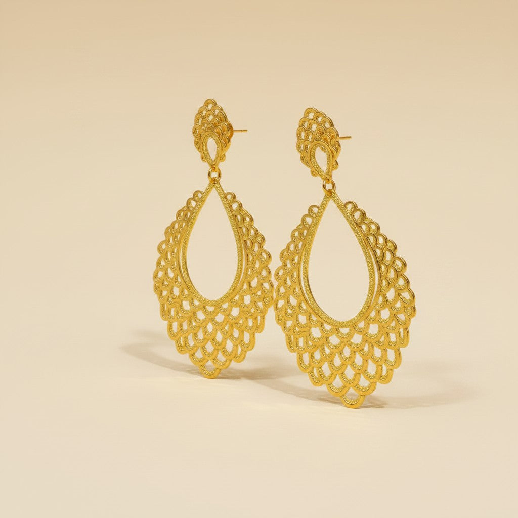 18k Gold Filled Abanico Renda Dangling Earrings | Spanish Fan-Inspired Lace