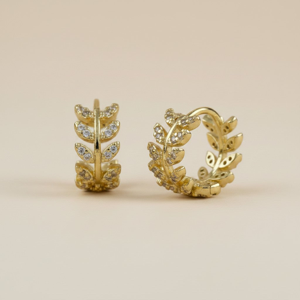 🌿 18k Gold Filled CZ Leaf Motif Clicker Hoop Earrings — Nature Patterned in Crystal. The Hoop Reimagined.