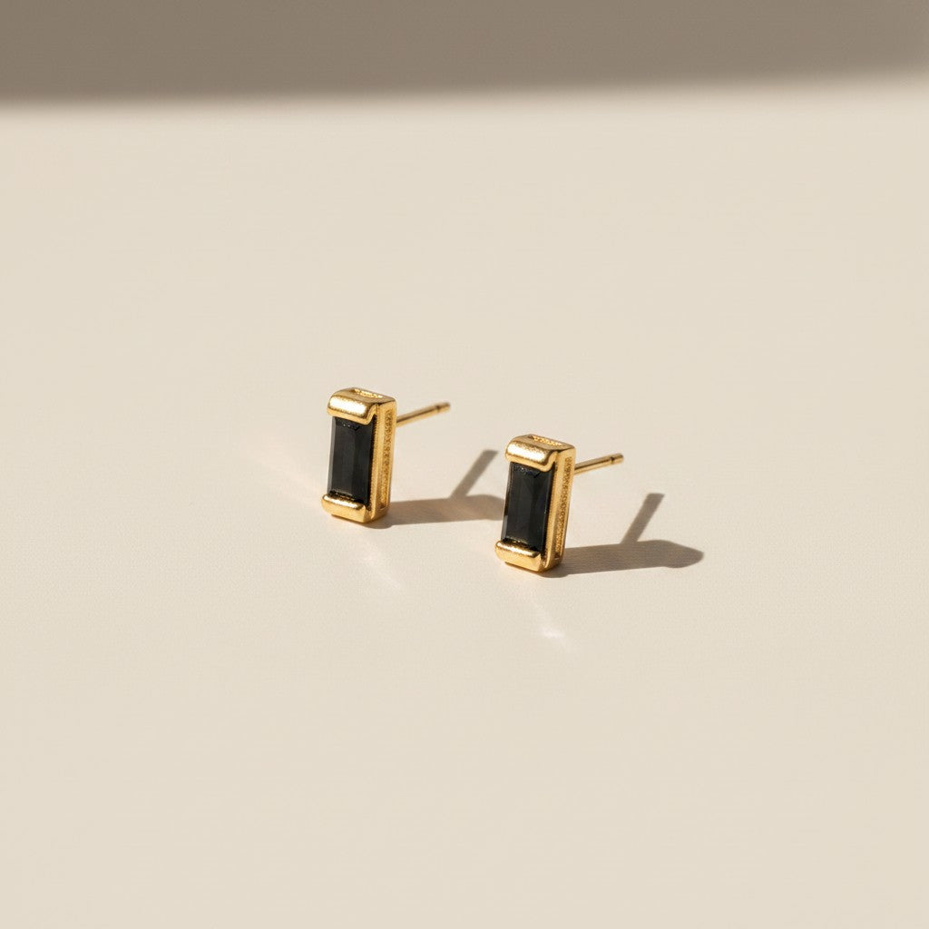 Black Cubic Zirconia Baguette Stud Earrings In 18k Gold Filled