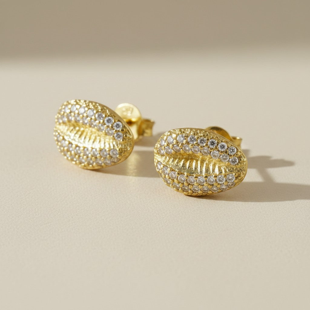 18k Gold Filled Cowrie Shell CZ Stud Earrings | Coastal Elegance