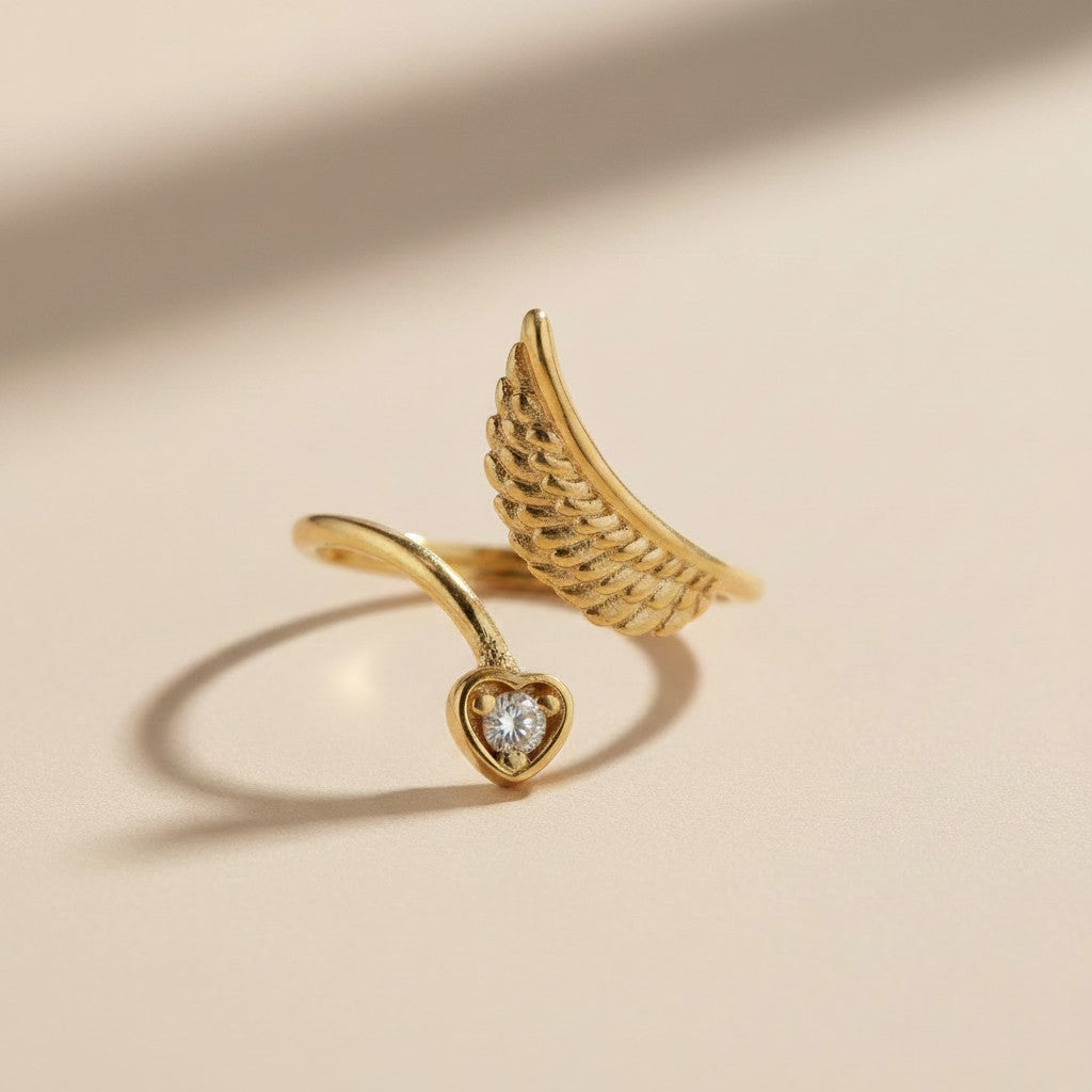 💛 18k Gold Filled Heart &amp; Wing CZ Ring — Love on One Side. Freedom on the Other