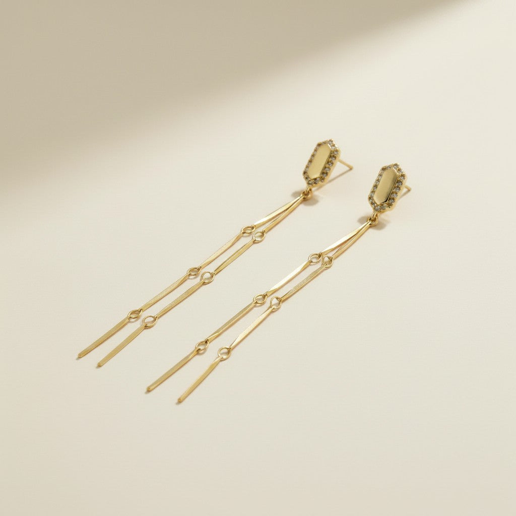 ✨ 18k Gold Filled CZ Double Chain Drop Earrings — Three Inches of Movement. All the Drama.