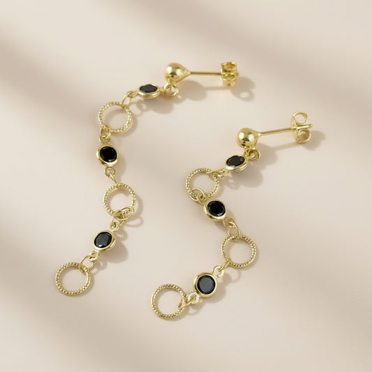 18k Gold Filled Black Bezel CZ & Circles Dangling Earrings