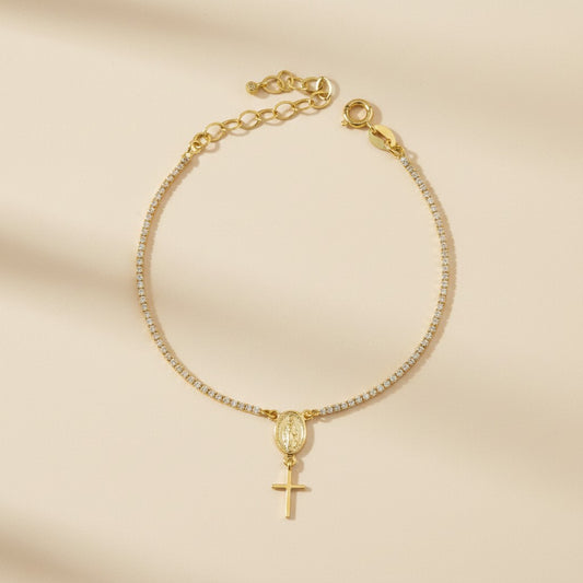 🙏 18k Gold Filled Miraculous Mary CZ Tennis Bracelet — Continuous Sparkle. Unwavering Faith.