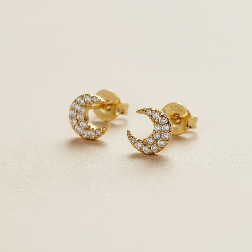 🌙 18k Gold Filled CZ Crescent Moon Stud Earrings — The Moon at the Ear. Sparkling Always