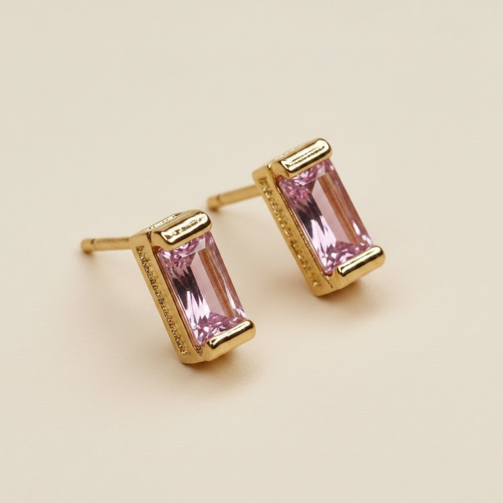 18k Gold Filled Baguette Birthstone Stud Earrings | Personalized Birthday Gift
