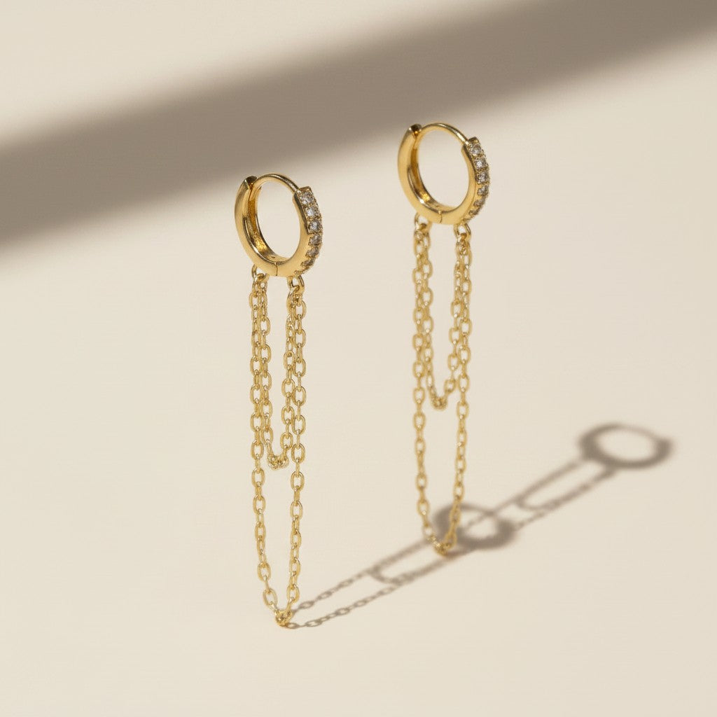 18k Gold Filled CZ Hoop Earrings with Dangling Chains | Bold & Daring Statement