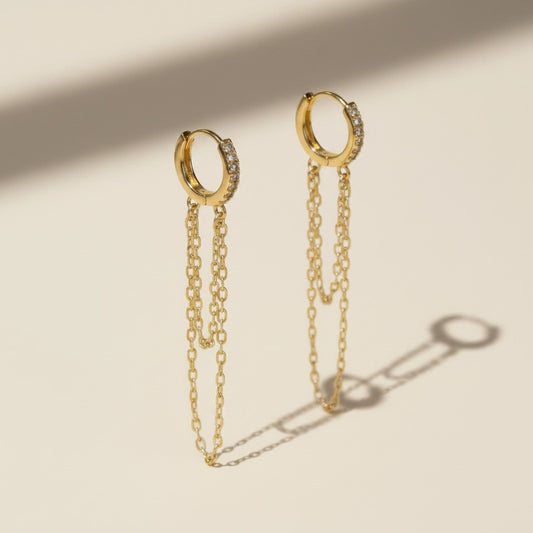 18k Gold Filled CZ Hoop Earrings with Dangling Chains | Bold & Daring Statement