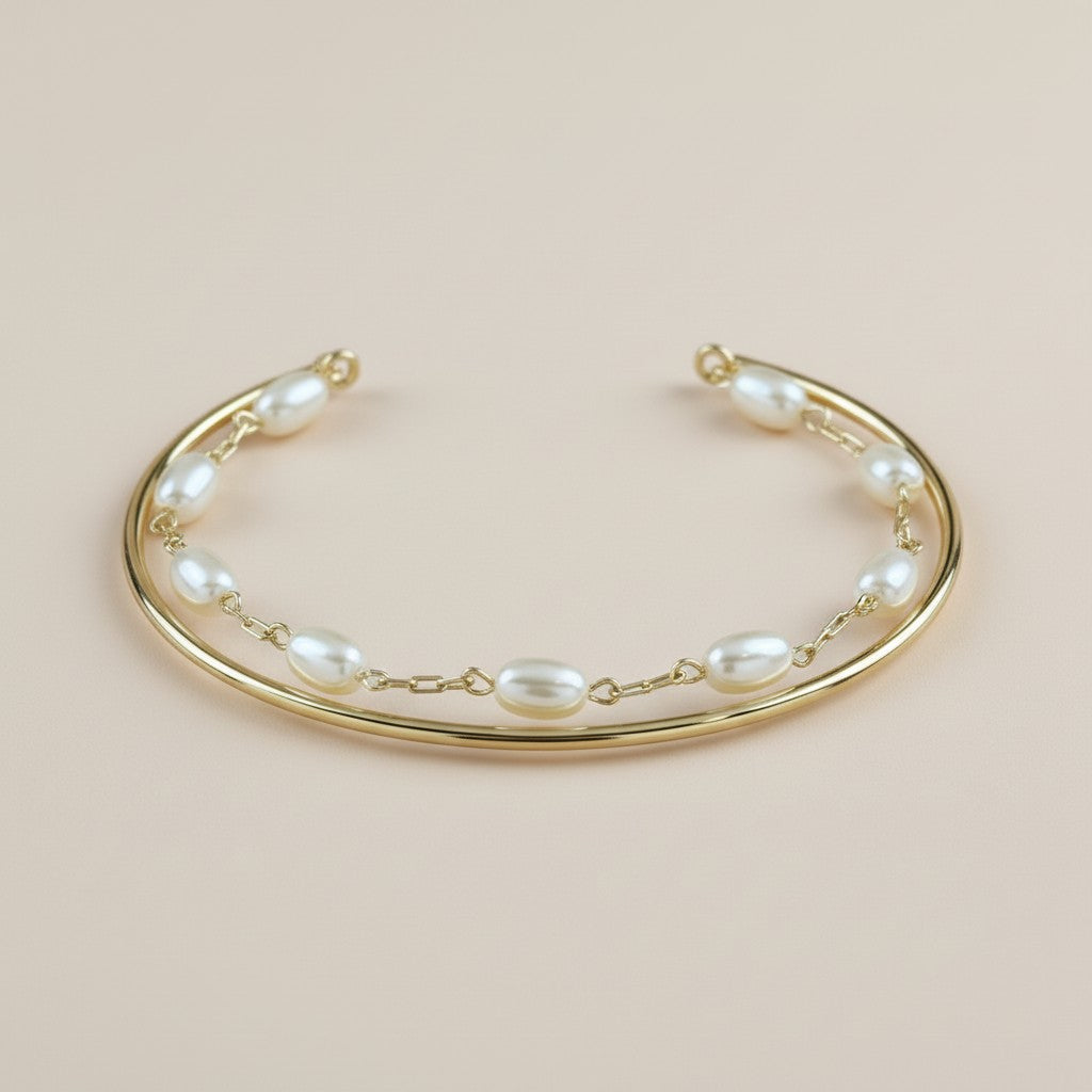 Pearl Cuff Bracelet for Women - Twisted Open Bangle with Elliptical Pearls