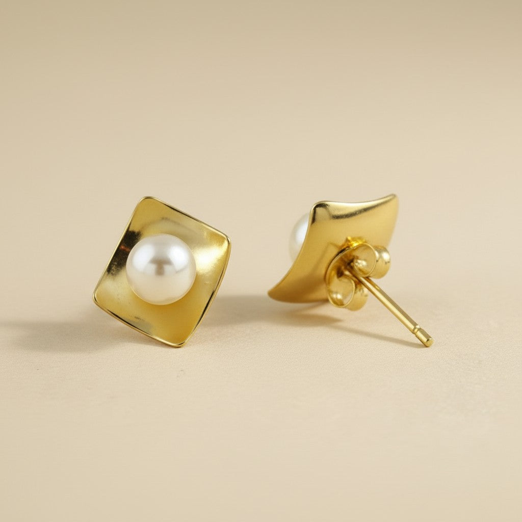 18k Gold Filled Pearl Stud Earrings In A Square Plate