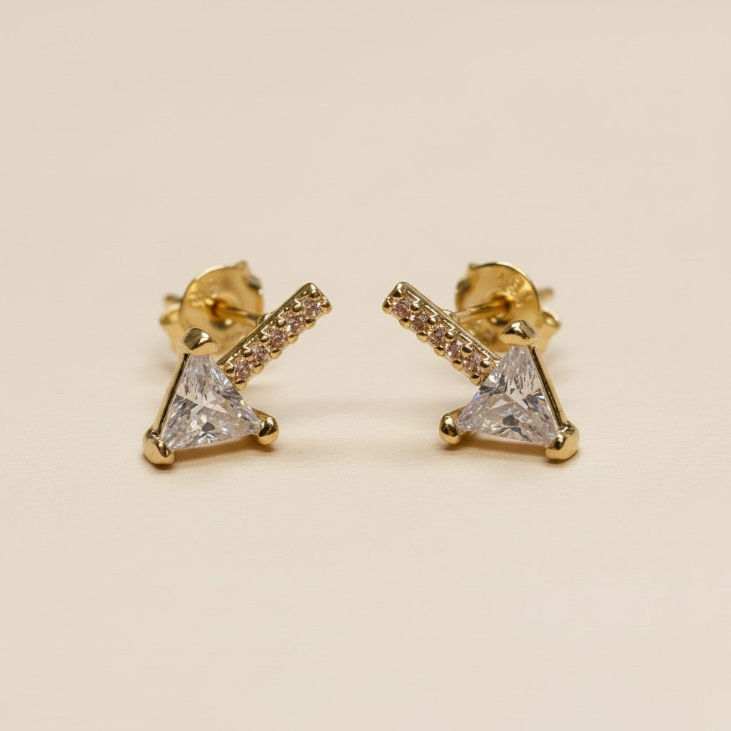 ✨ 18k Gold Filled CZ Bar Triangle Stud Earrings — Three Edges. Three Lines of Sparkle. One Sharp Silhouette.