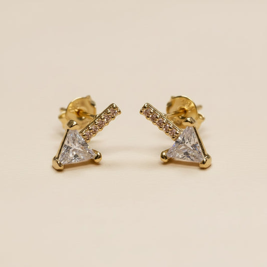 ✨ 18k Gold Filled CZ Bar Triangle Stud Earrings — Three Edges. Three Lines of Sparkle. One Sharp Silhouette.